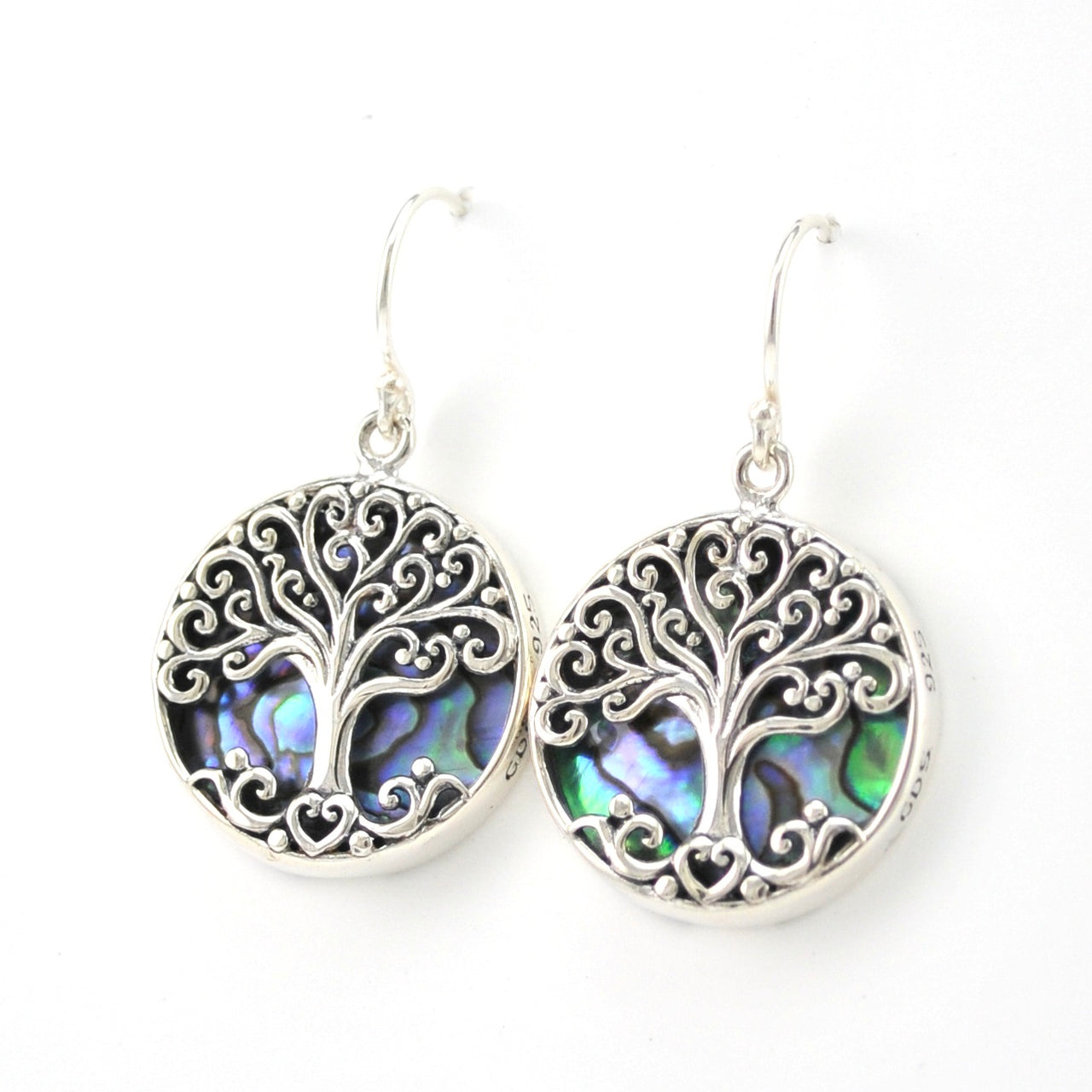 Side View Silver Abalone Tree of Life Dangle Earrings