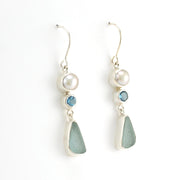 Side Sterling Silver Pearl Blue Topaz Aqua Sea Glass Earrings
