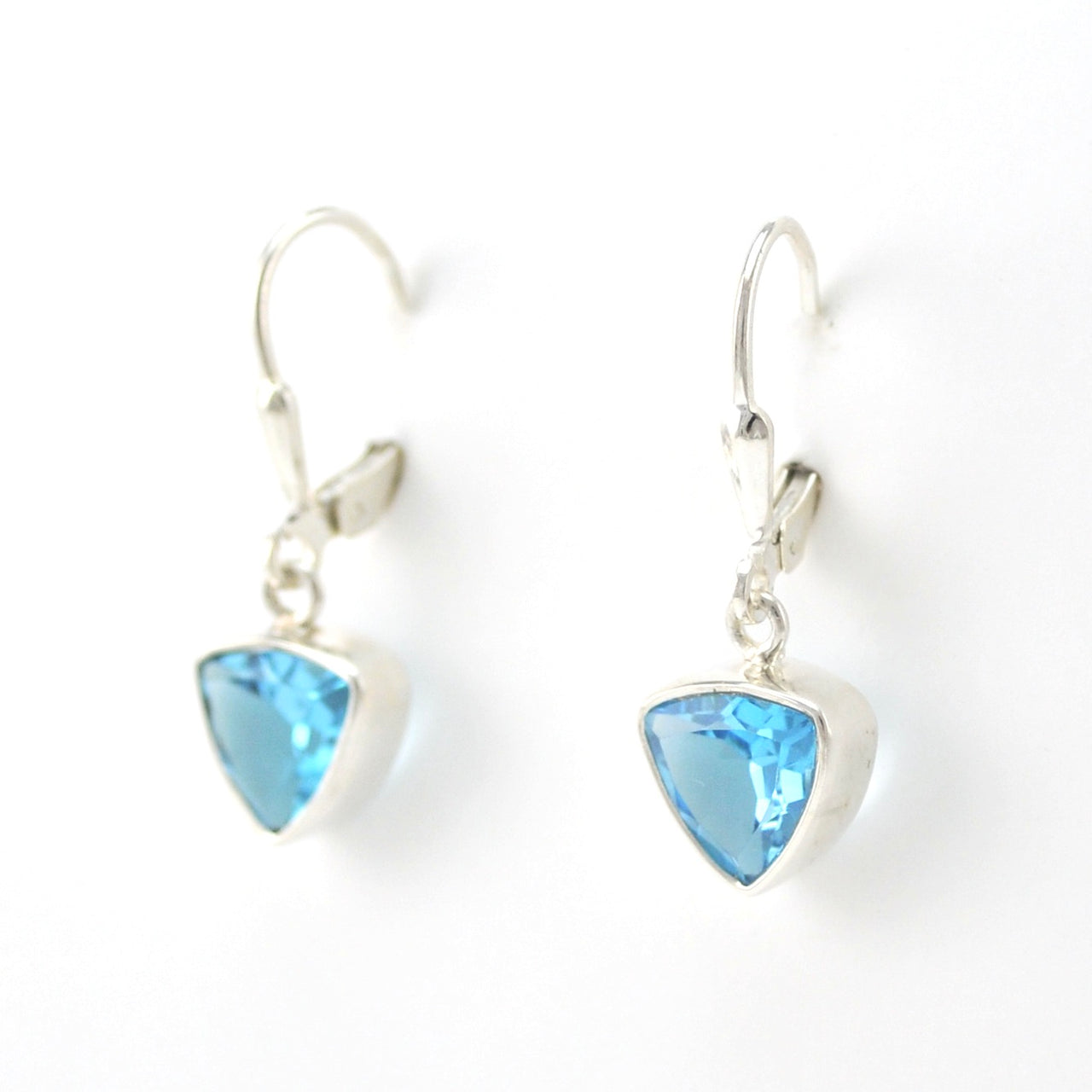 Side View Silver Blue Topaz 7mm Trillion Dangle Earrings