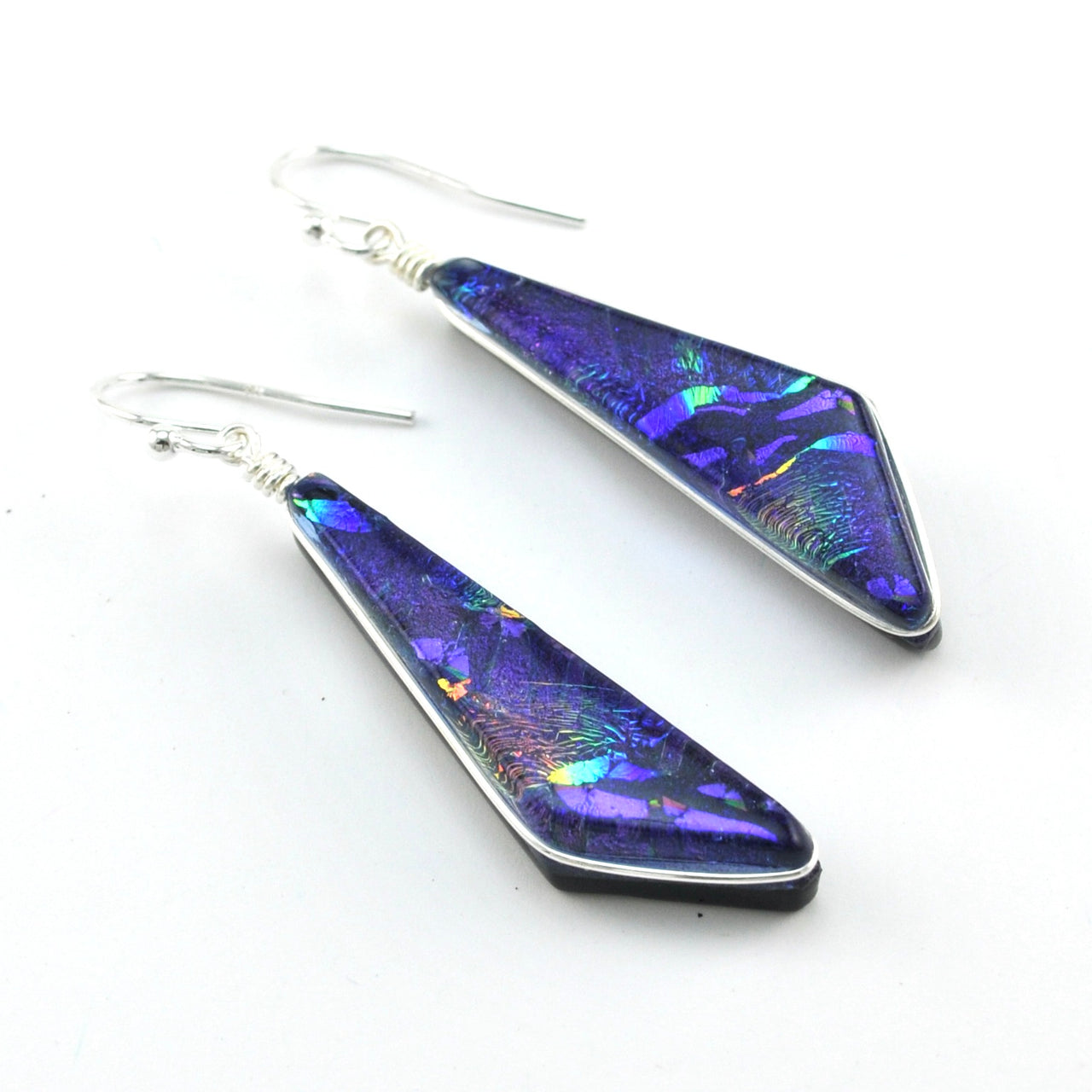 Dichroic Glass Rainbow Purple Comet Dangle Earrings