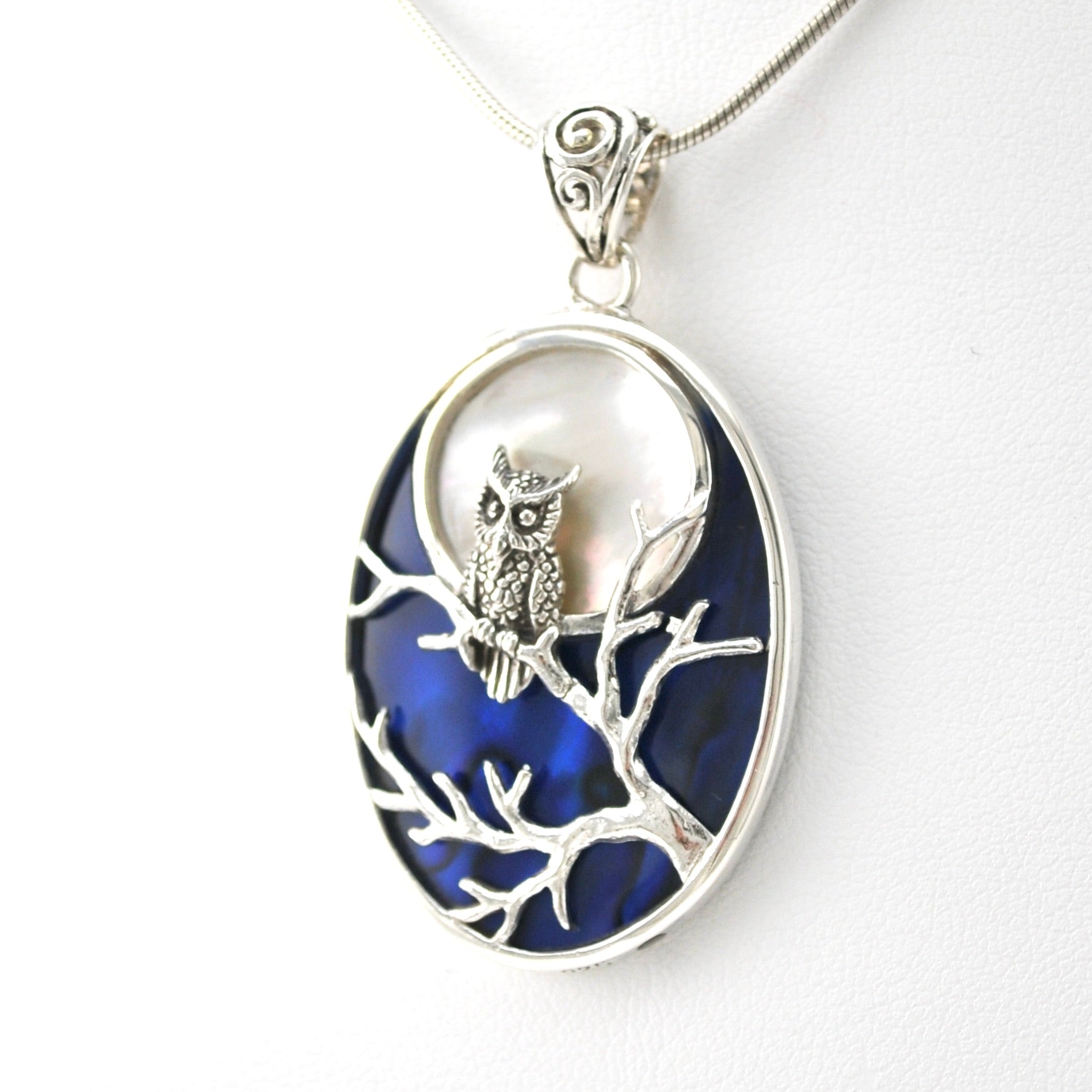 Silver Owl in the Moon Light with Shell Pendant