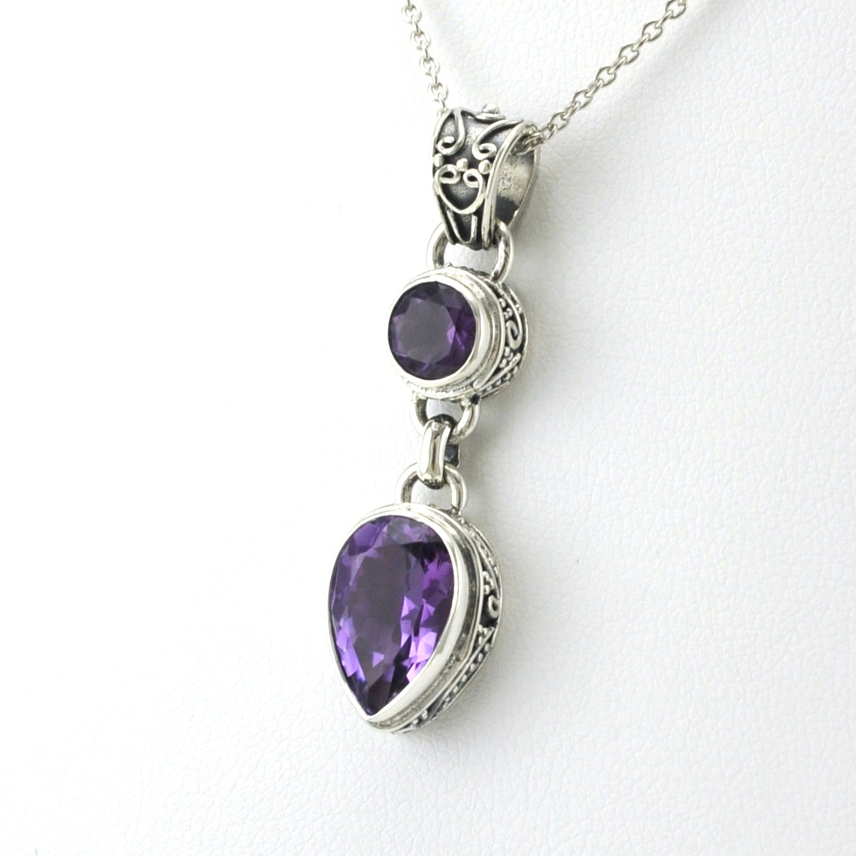 Side View Sterling Silver Amethyst Round Pear Bali Necklace