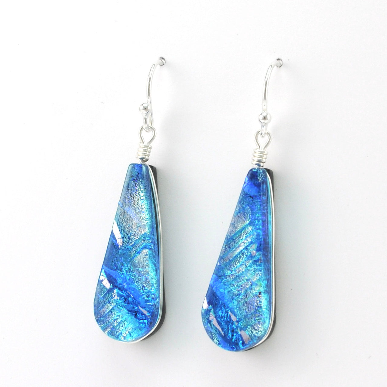 Side View Dichroic Glass Sea Blue Teardrop Dangle Earrings