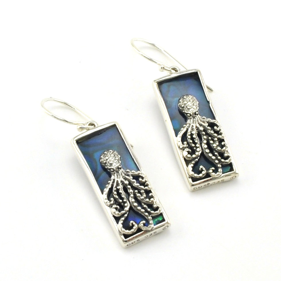 Sterling Silver Blue Abalone Octopus Rectangle Earrings