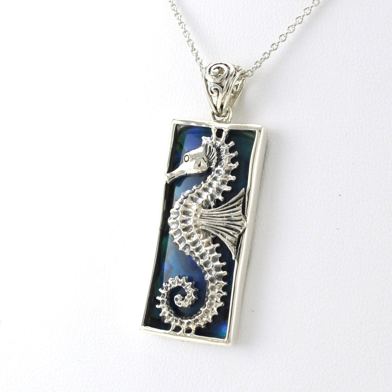 Sterling Silver Blue Abalone Seahorse Rectangle Pendant