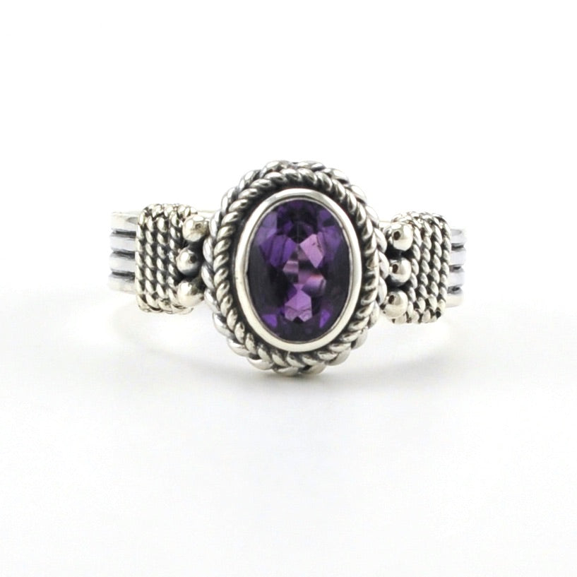 Alt View Sterling Silver Amethyst 6x8mm Oval Bali Ring