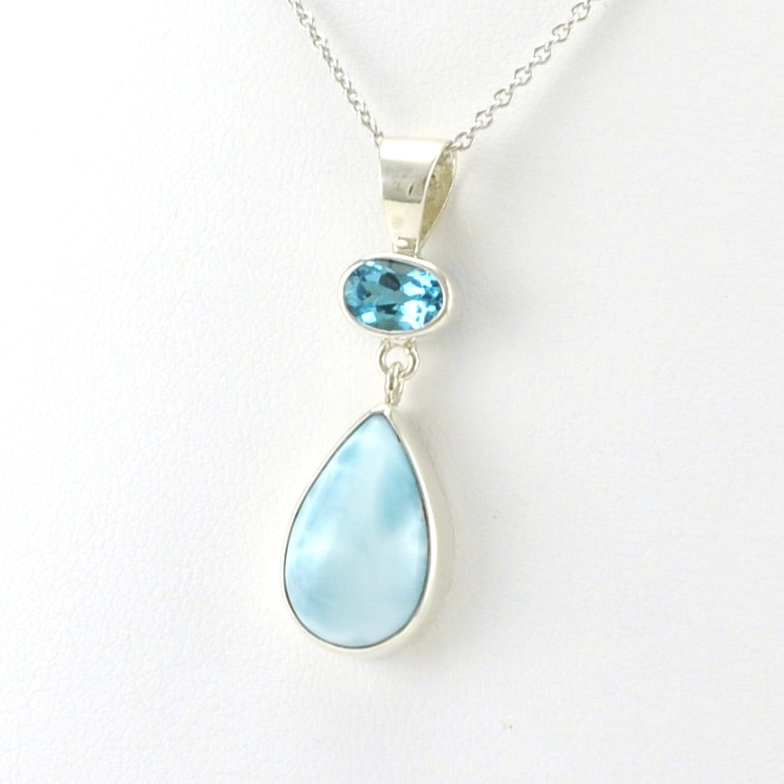 Side View Sterling Silver Blue Topaz Larimar Necklace