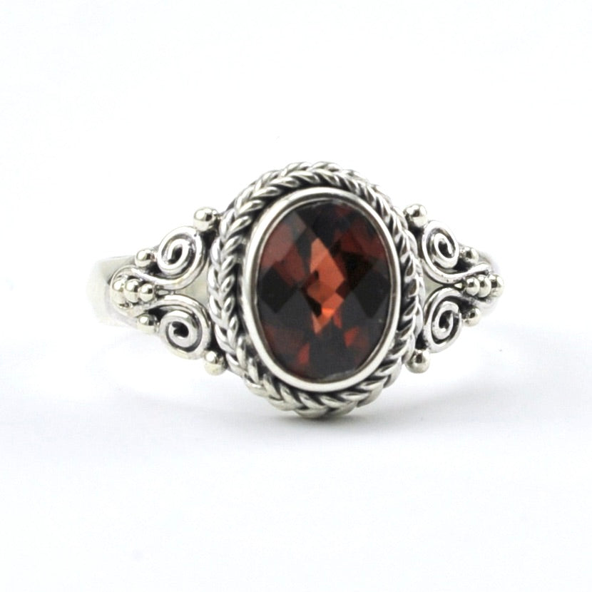 Sterling Silver Garnet 6x8mm Oval Bali Ring Size 7