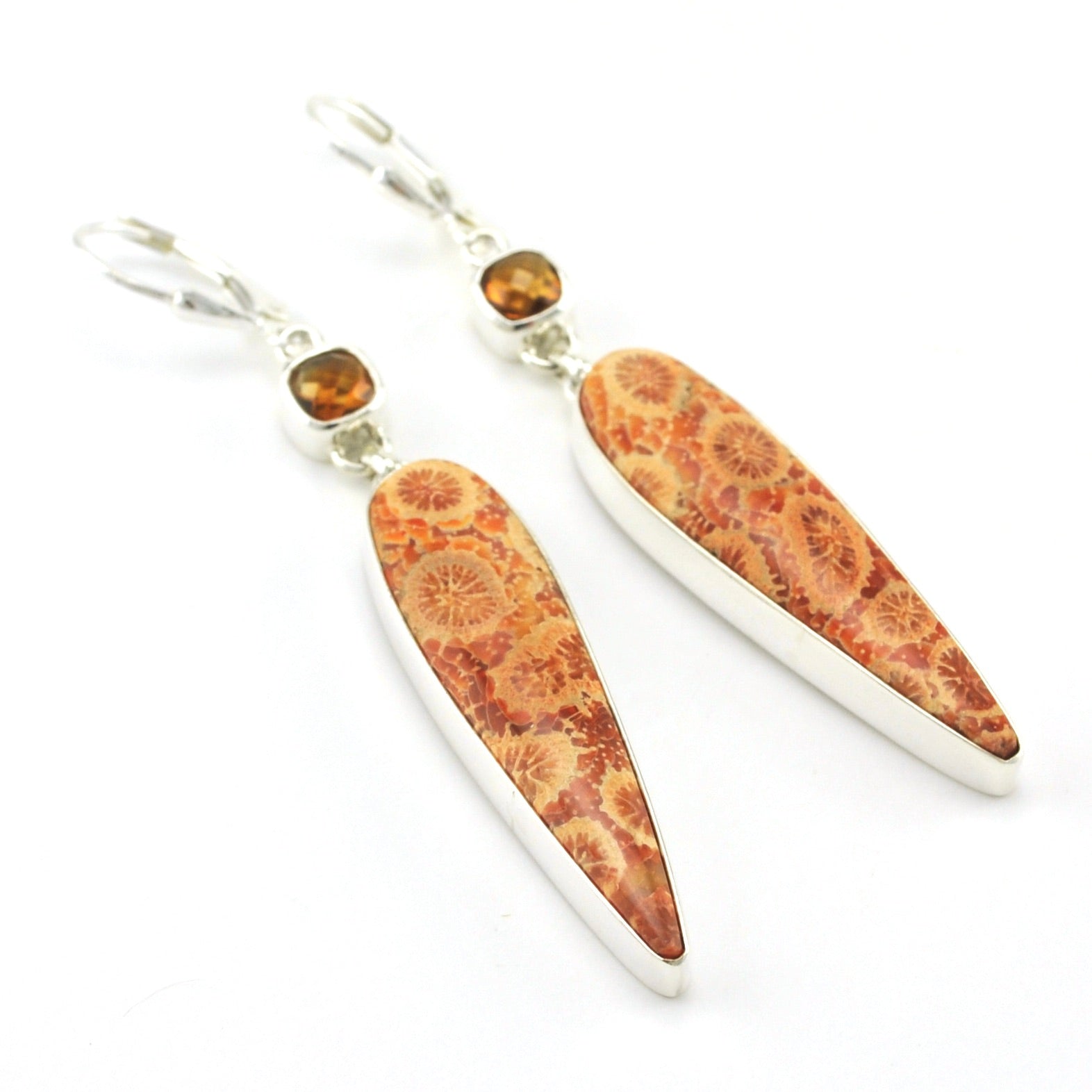 Sterling Silver Fossil Coral with Square Citrine Dangle Earrings