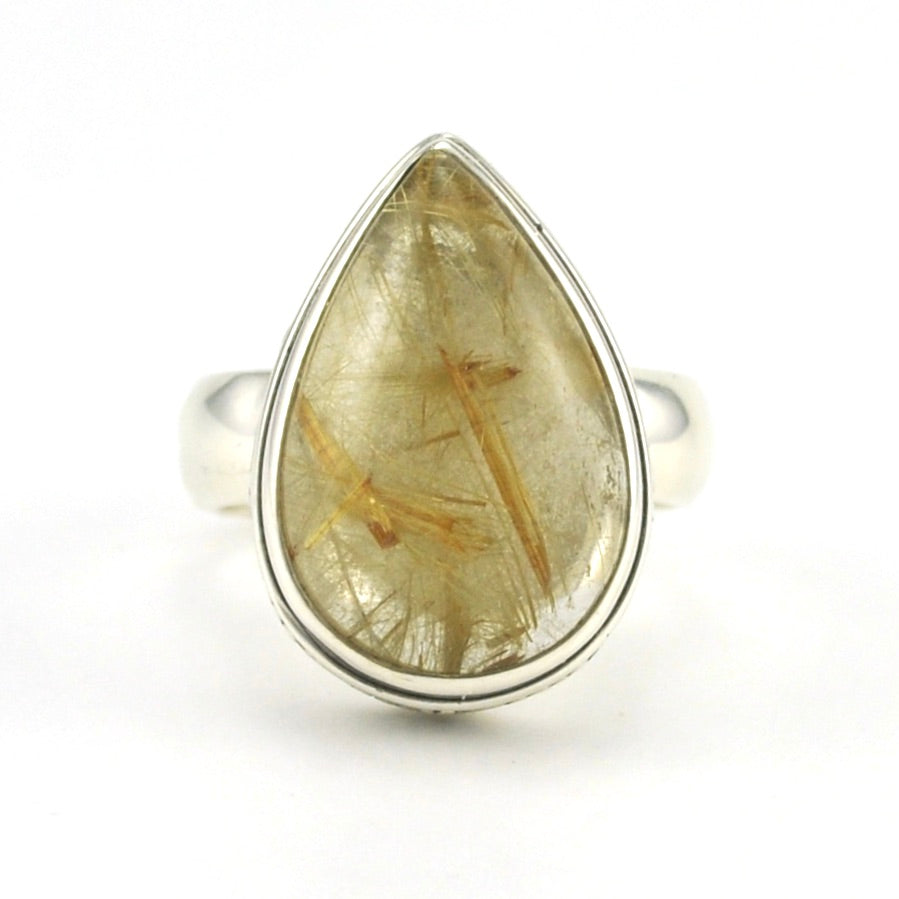 Alt View Sterling Silver Rutilated Quartz 12x18mm Tear Bali Ring