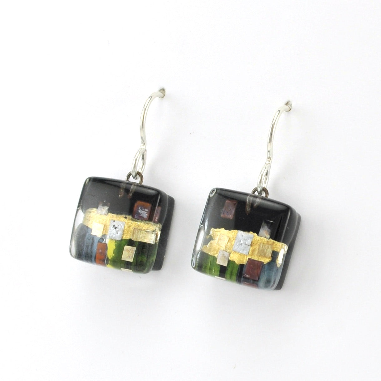 Side View Glass Black Golden Phase Cubes Earrings