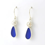 Side View Sterling Silver Pearl Blue Sea Glass Tear Earrings
