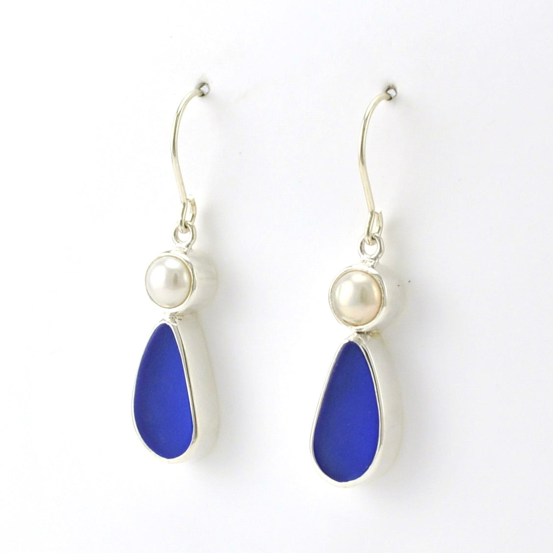 Side View Sterling Silver Pearl Blue Sea Glass Tear Earrings