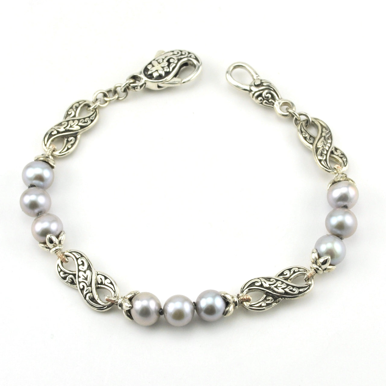 Sterling Silver Grey Pearl Infinity Link Bracelet