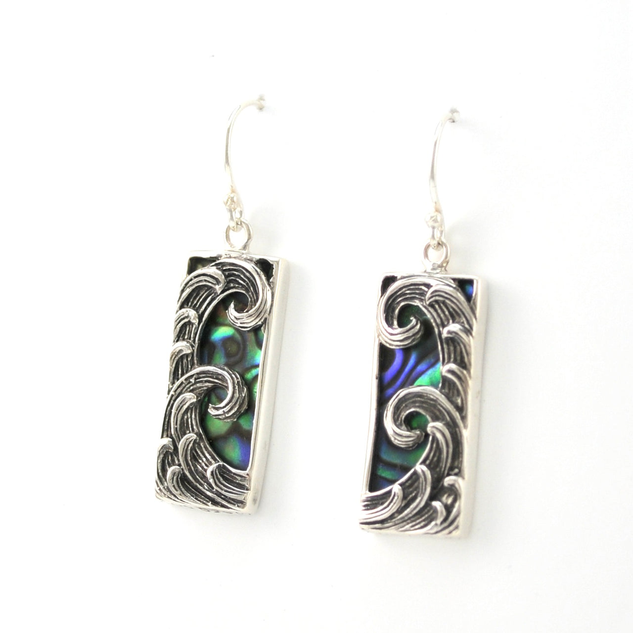 Side View Silver Abalone Rectangle Wave Earrings