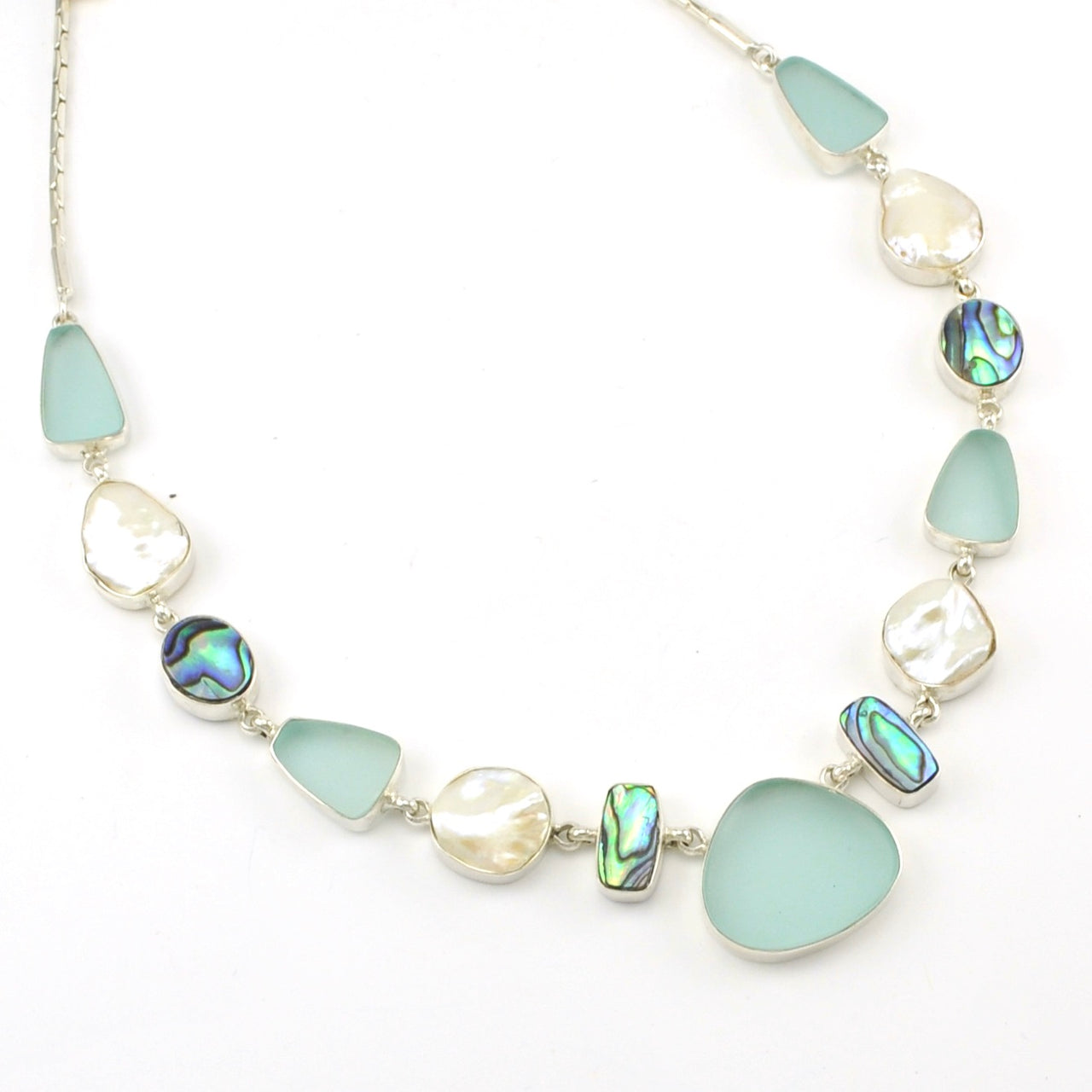 Sterling Silver Aqua Sea Glass Abalone and Kesihi Pearl Necklace