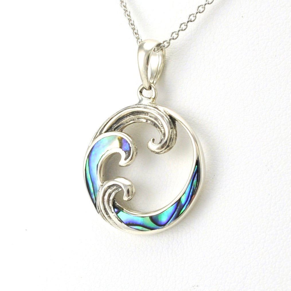 Side View Sterling Silver Abalone Wave Necklace