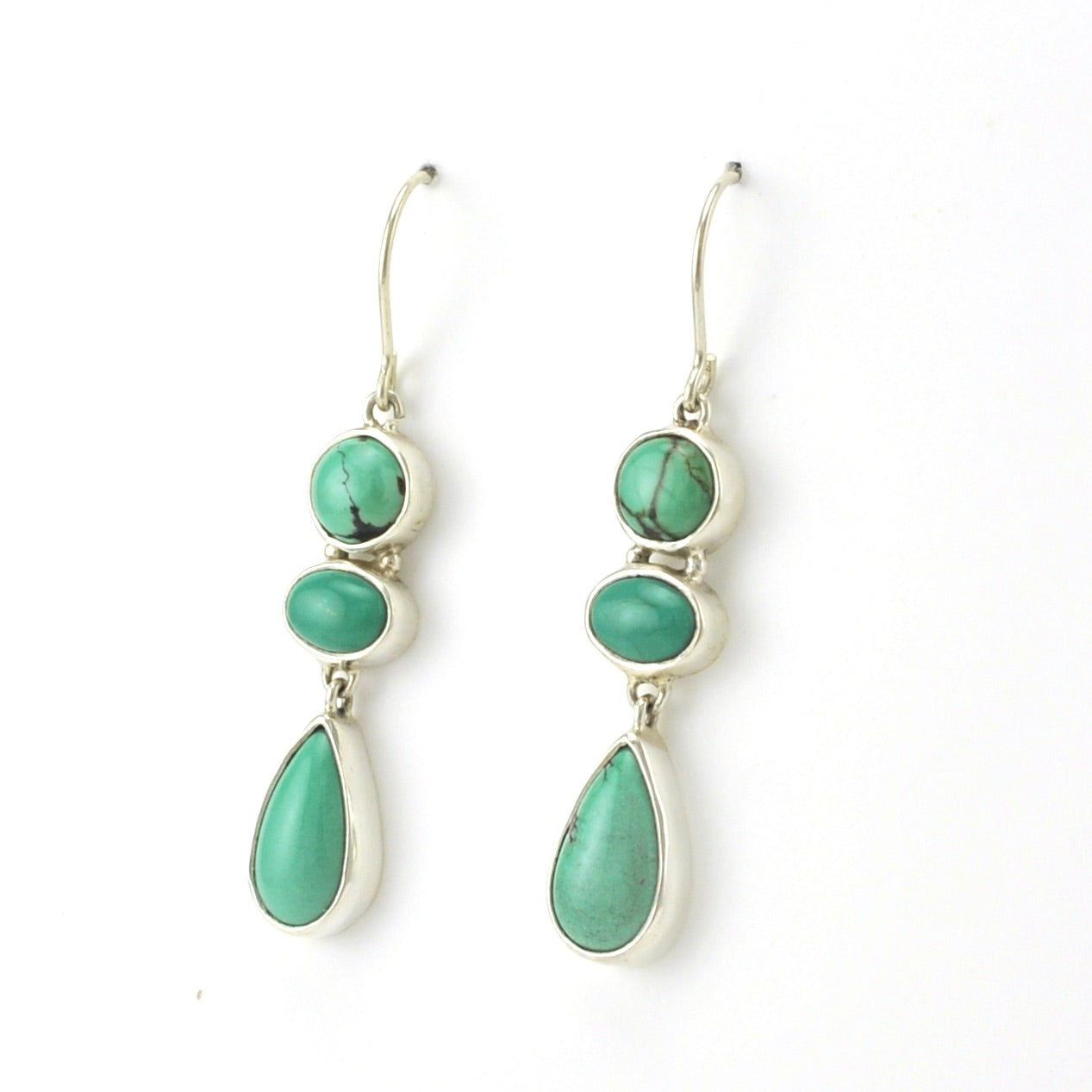 Side View Sterling Silver 3 Turquoise Stone Dangle Earrings