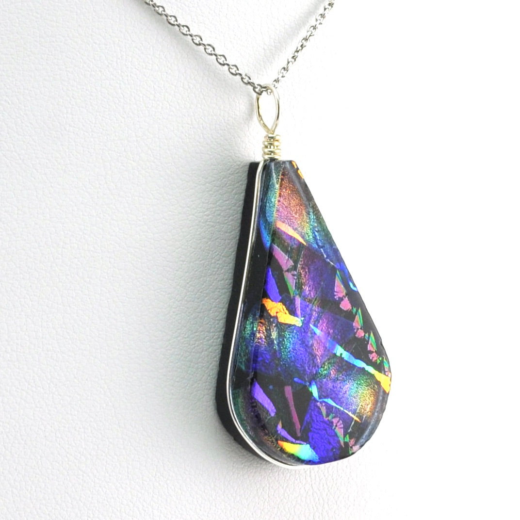 Side View Dichroic Glass Rainbow Purple Teardrop Pendant