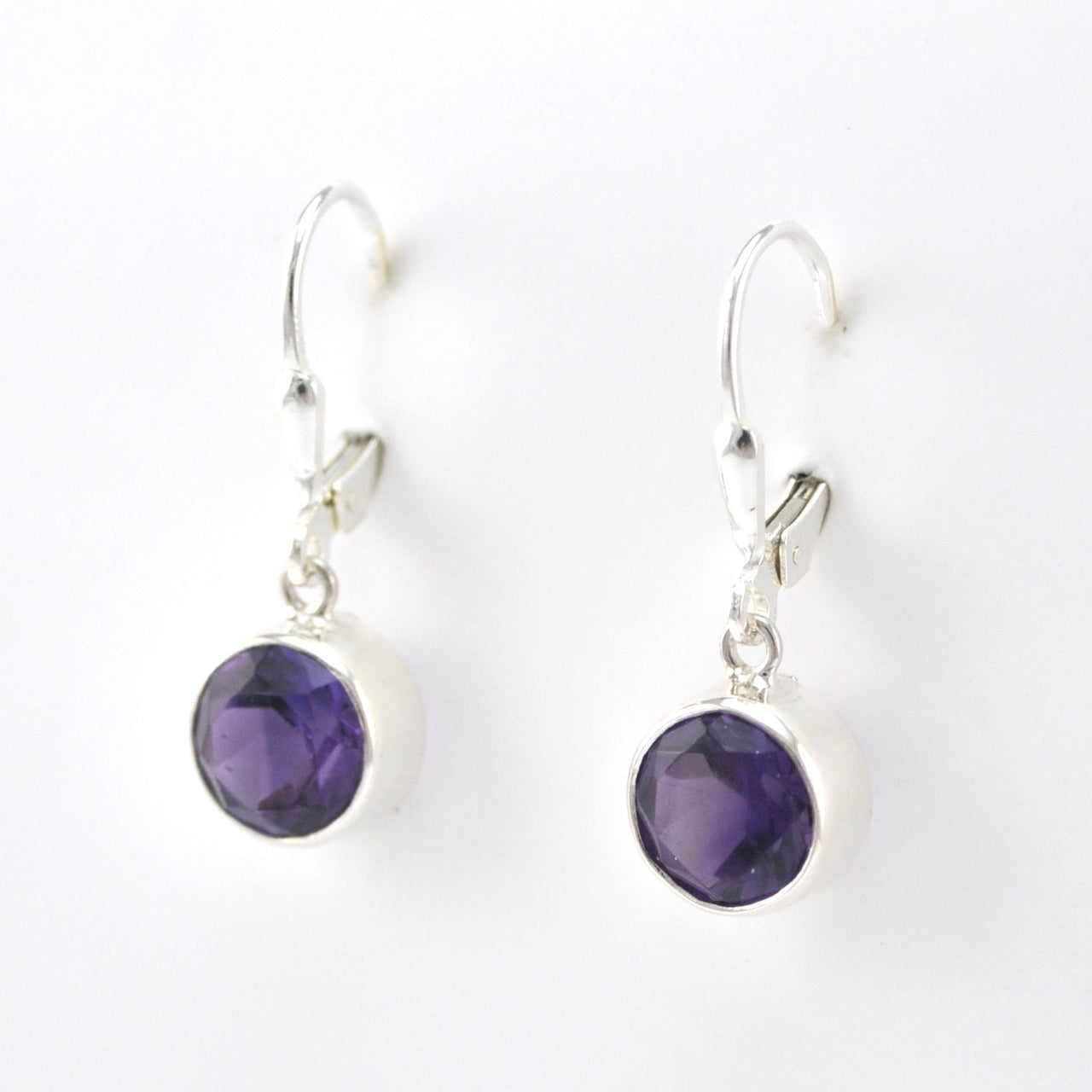 Side View Silver Amethyst 8mm Round Dangle Earrings