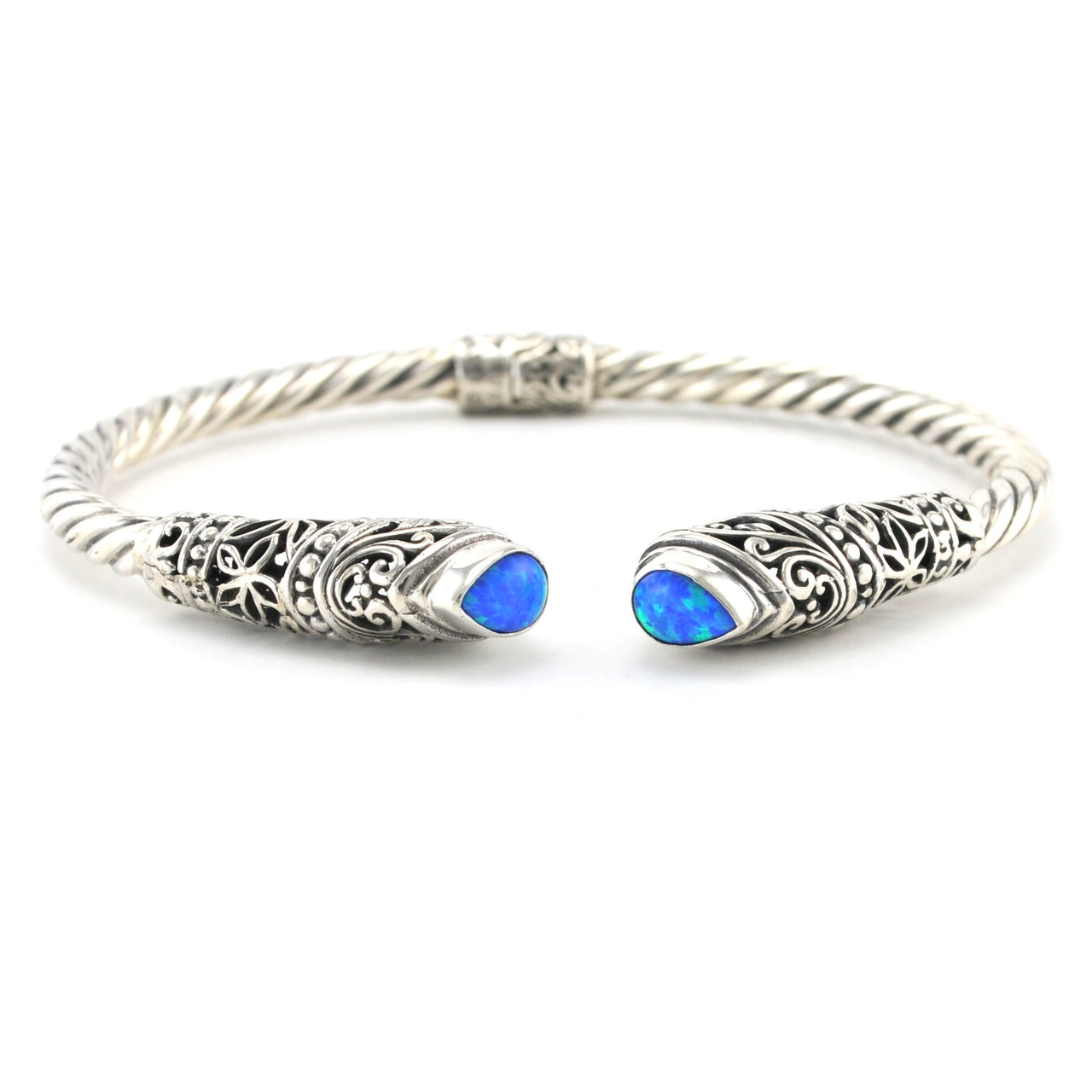 Sterling Silver Created Blue Opal Tear Bali Hinged Cuff Bracelet