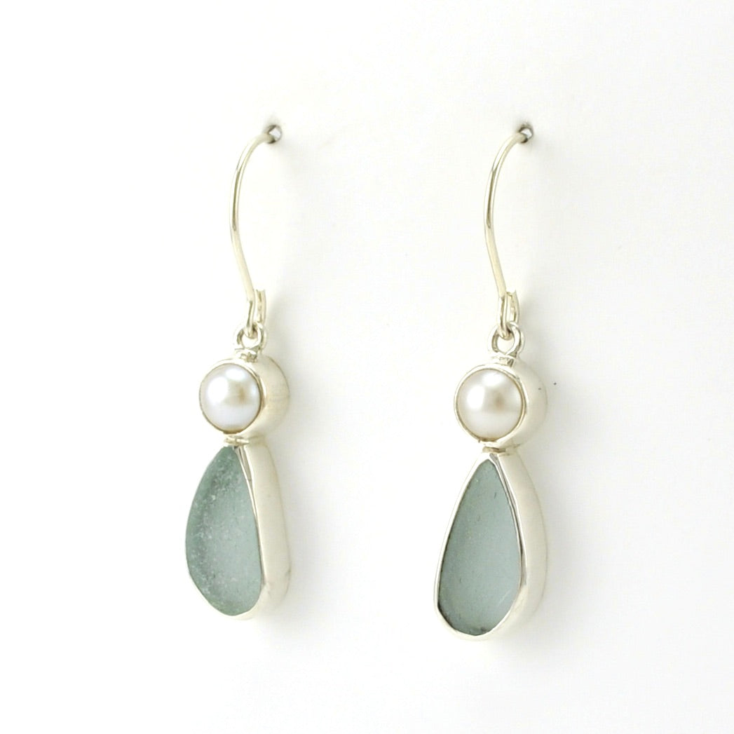 Side View Sterling Silver Pearl Aqua Sea Glass Tear Earrings