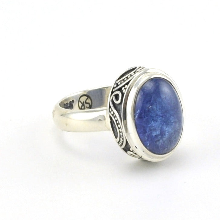 Side View Sterling Silver Tanzanite 9x13mm Oval Cabochon Ring
