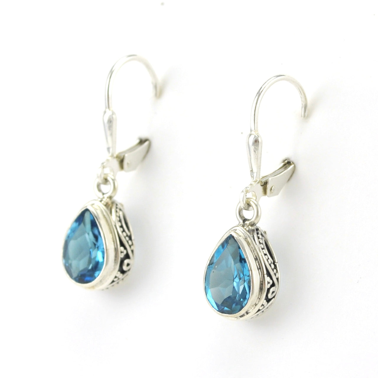 Side View Sterling Silver Blue Topaz 6x9mm Tear Bali Dangle Earrings