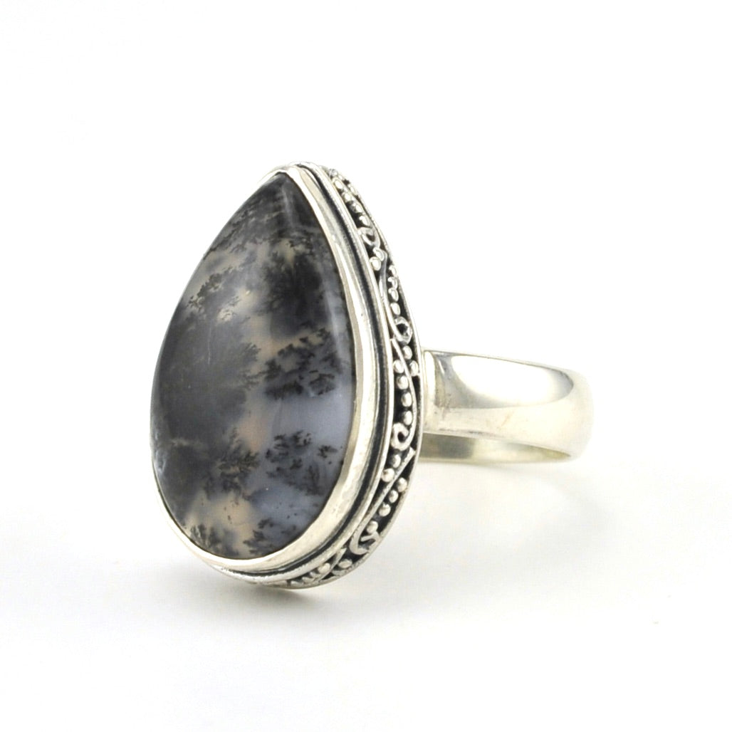 Sterling Silver Dendritic Agate 13x20mm Tear Bali Ring
