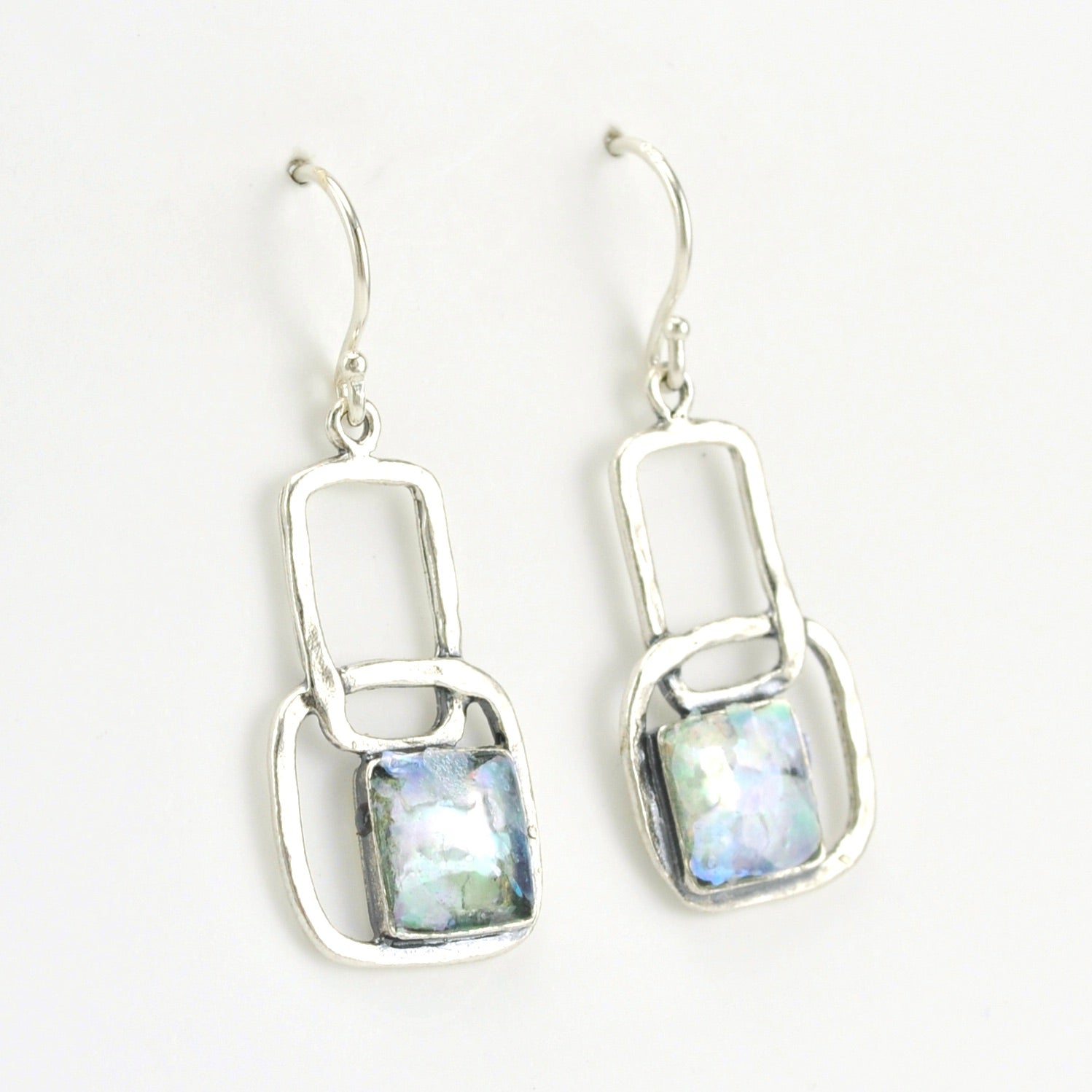Side View Sterling Silver Roman Glass Square Earrings