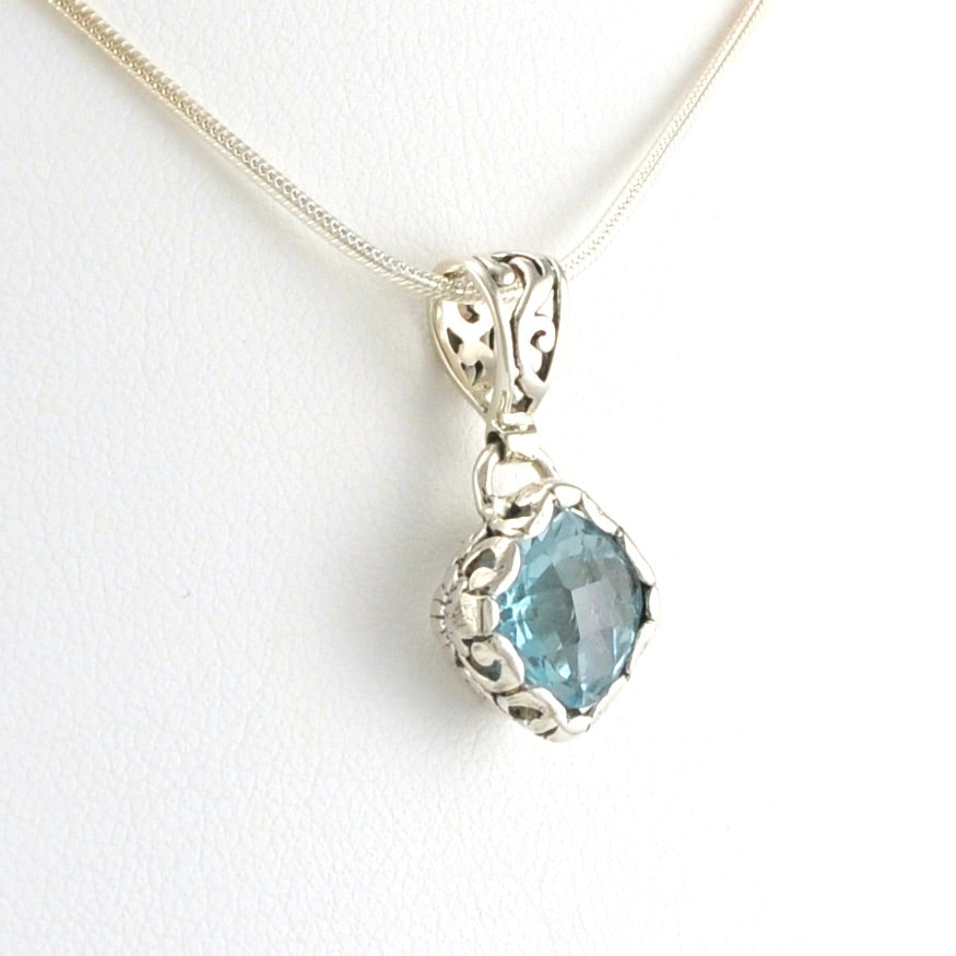 Side View Sterling Silver Blue Topaz 8mm Offset Square Necklace