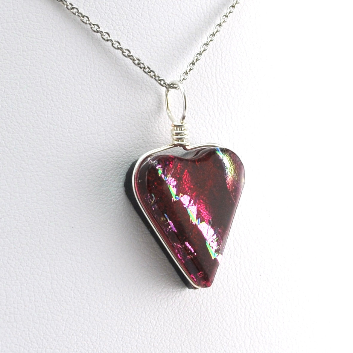 Side View Cranberry Red Dichroic Glass Heart Pendant