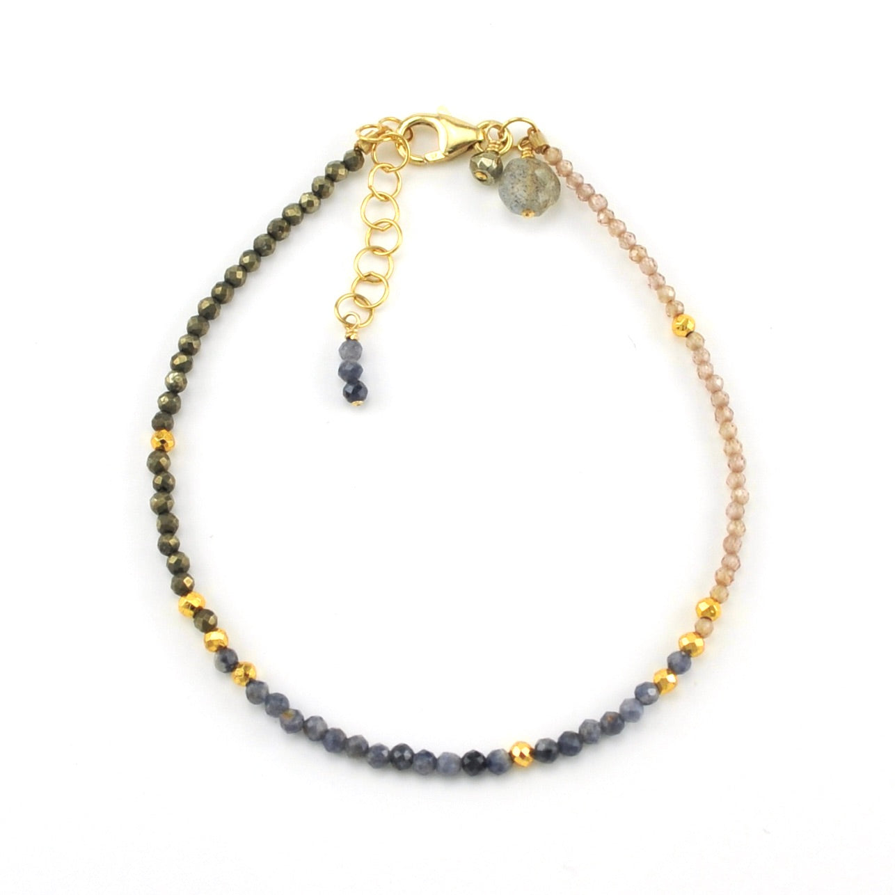 14k Gold Fill Micro-faceted Sapphire, Zircon and Pyrite Bracelet