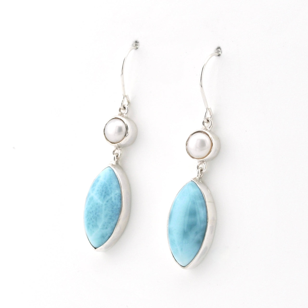 Sterling Silver Pearl Larimar Marquise Dangle Earrings