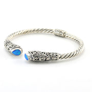 Side View Sterling Silver Created Blue Opal Tear Bali Hinged Cuff Bracelet