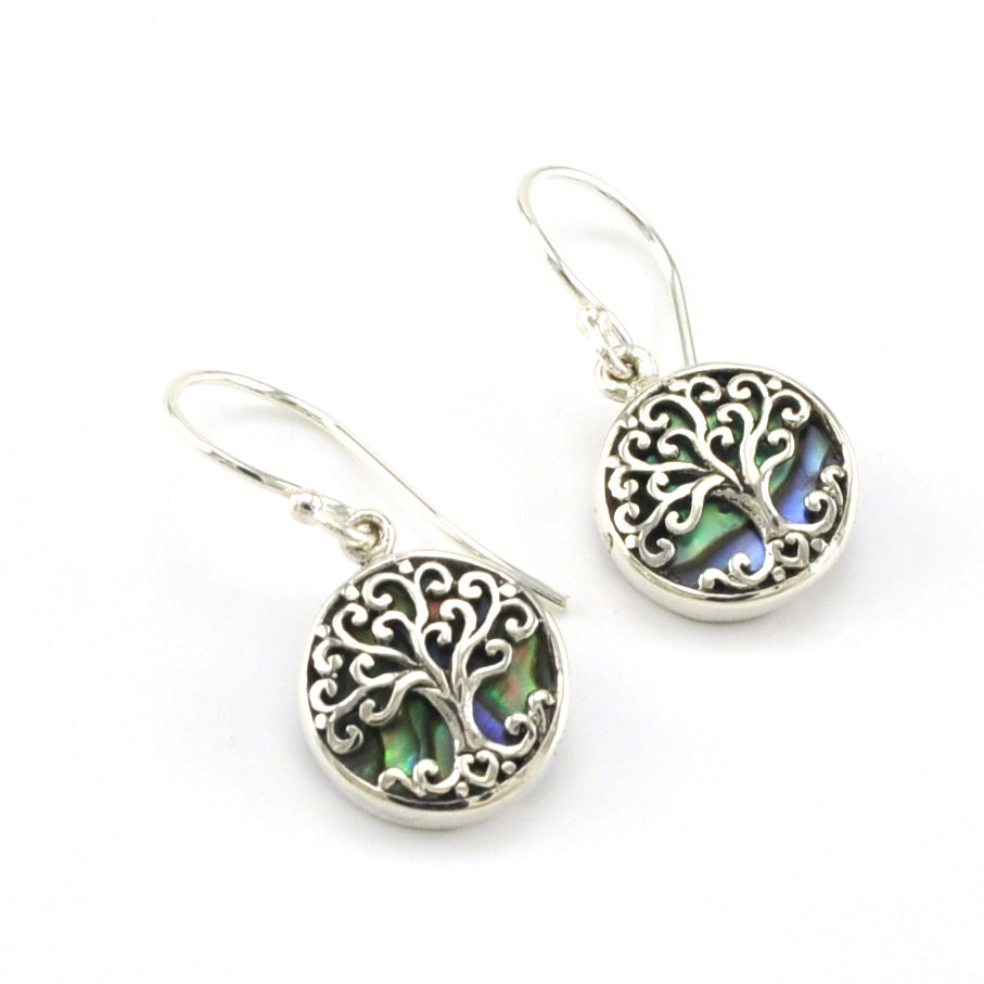 Sterling Silver Abalone Tree of Life Small Dangle Earrings