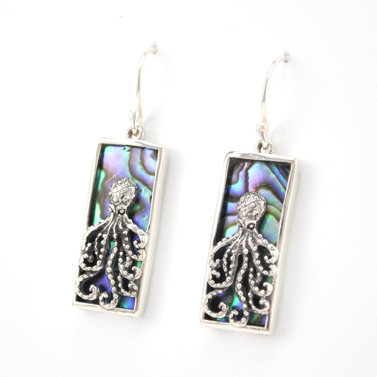 Side View Silver Abalone Octopus Rectangle Dangle Earrings