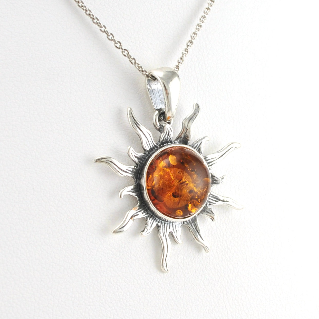 Side View Sterling Silver Amber Sun Necklace