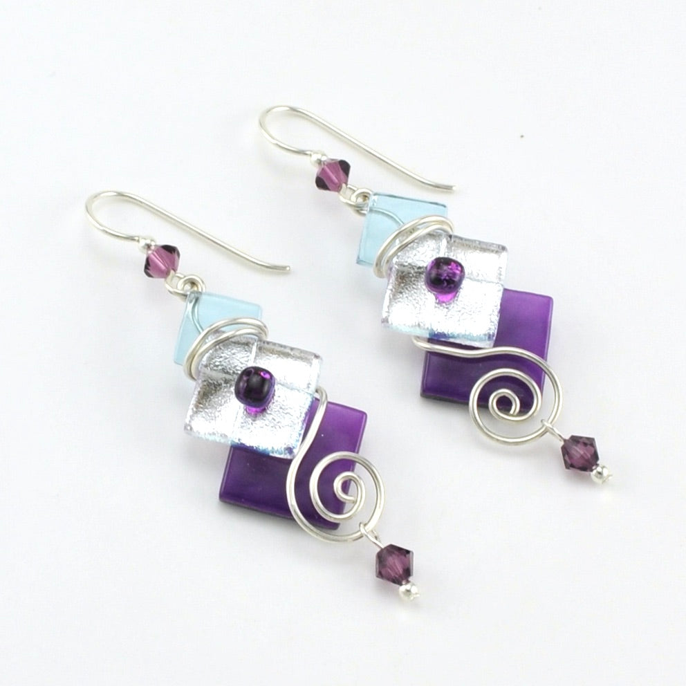 Stricker Purple Fused Glass 3 Square Dangle Earrings
