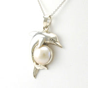 Side View Sterling Silver Dolphin with Mabé Pearl Necklace