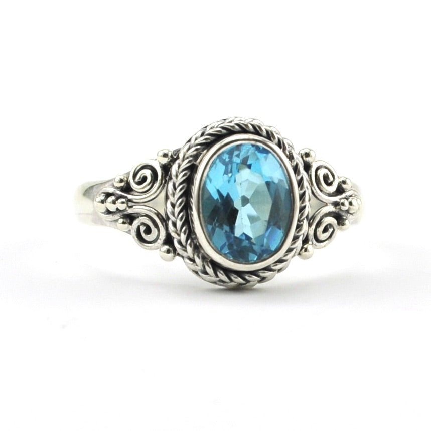 Front View Sterling Silver Blue Topaz 6x8mm Oval Bali Ring