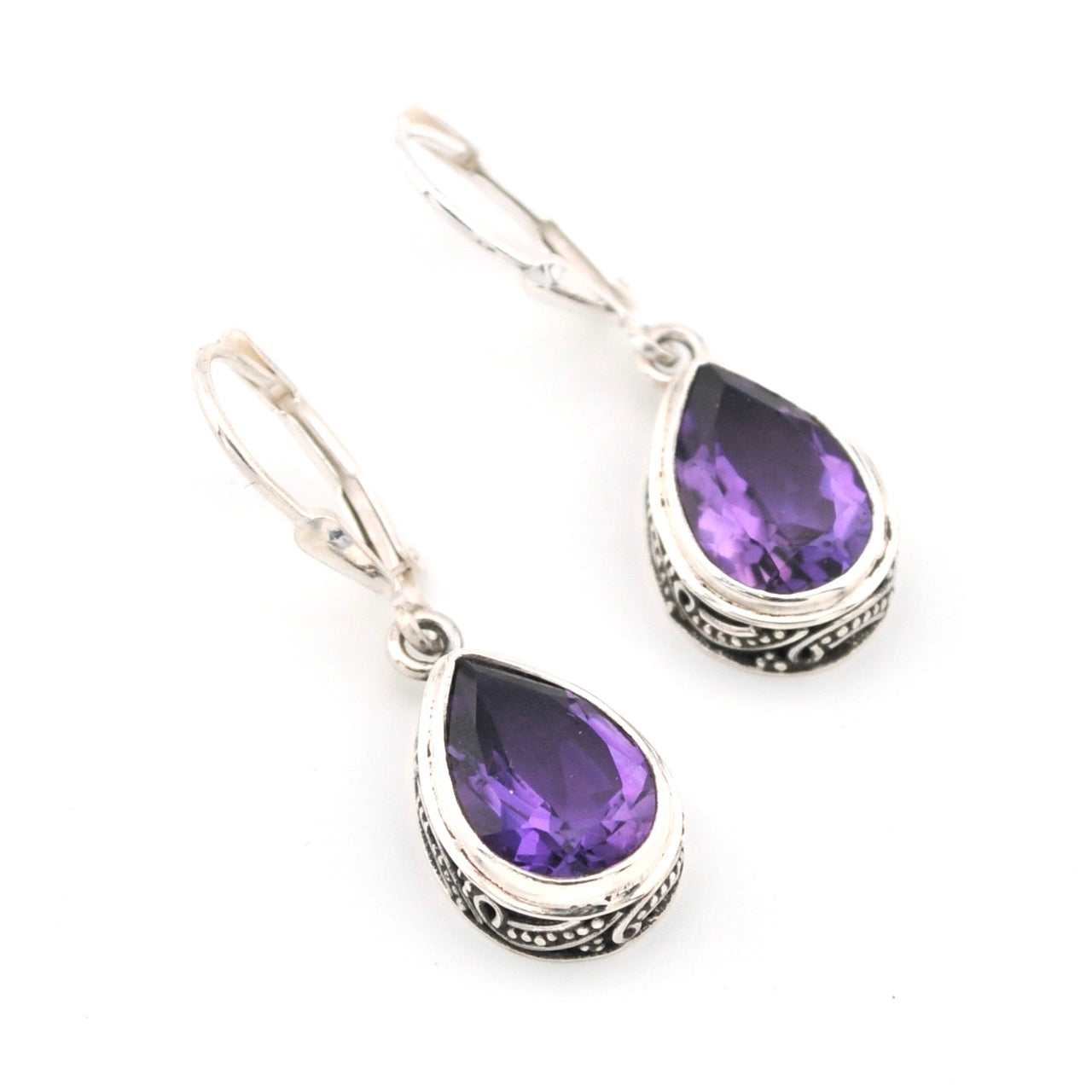 Sterling Silver Amethyst 8x12mm Tear Bali Dangle Earrings