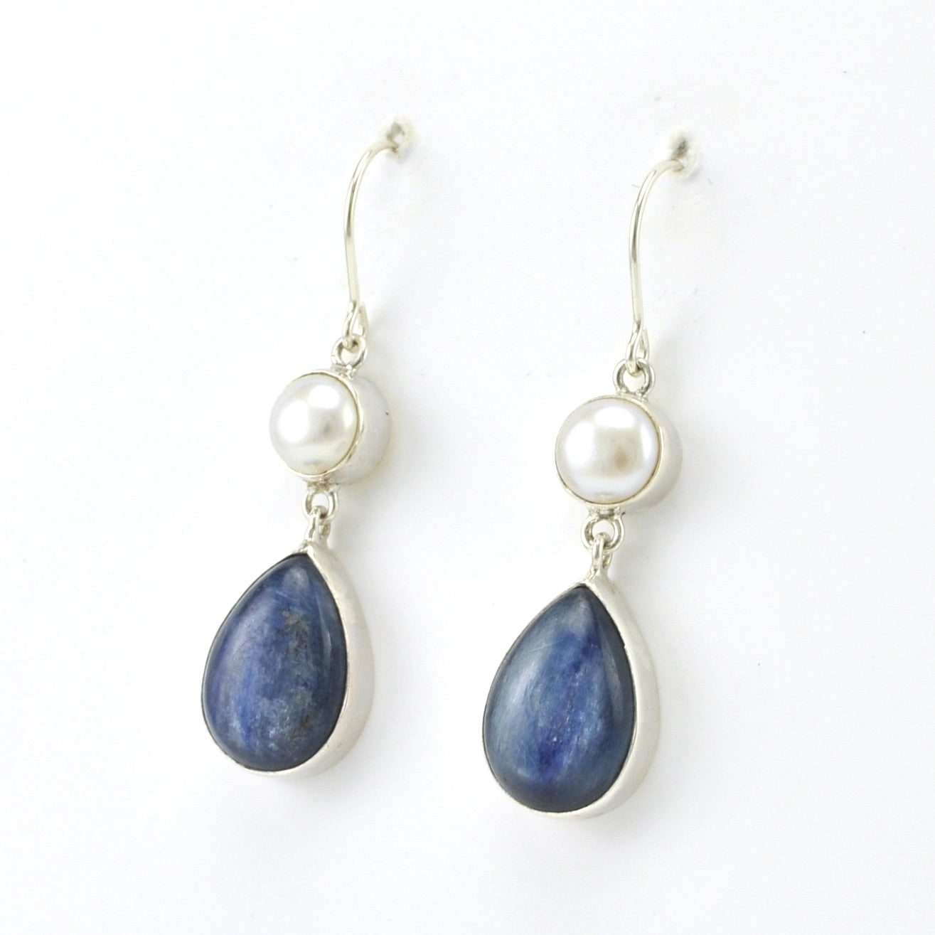 Side View Sterling Silver Pearl Kyanite Dangle Earrings