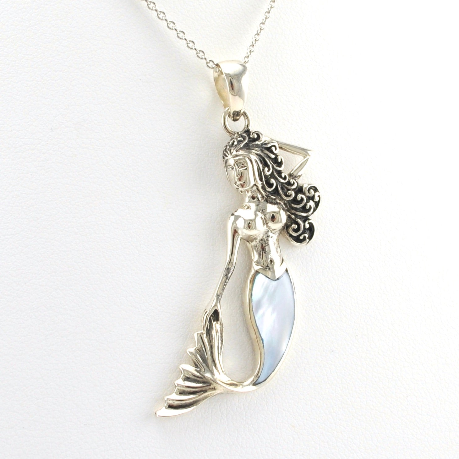Alt View Sterling Silver Mermaid with Blue Mother of Pearl Tail Necklace