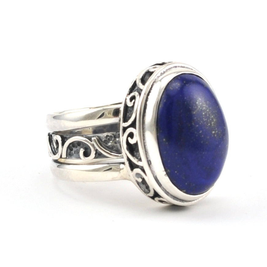 Side View Sterling Silver Lapis 12x16mm Oval Bali Ring