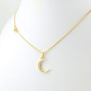 Side View 18k Gold Fill Cubic Zirconia Moon and Star Necklace