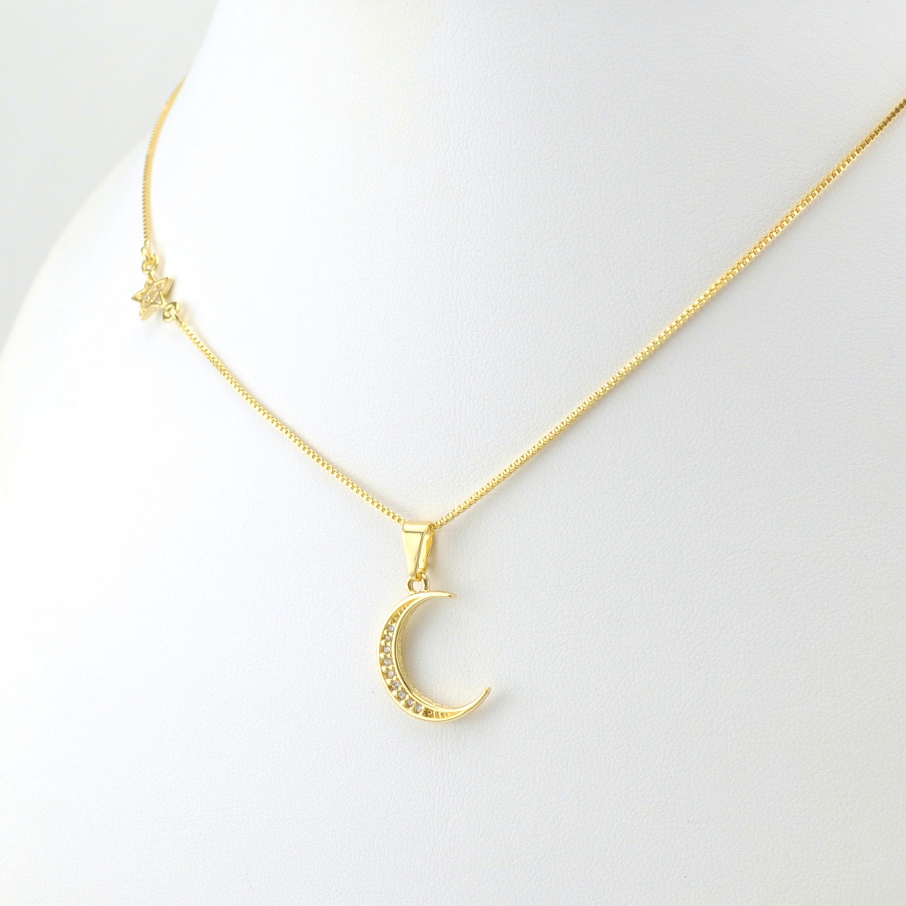 Side View 18k Gold Fill Cubic Zirconia Moon and Star Necklace