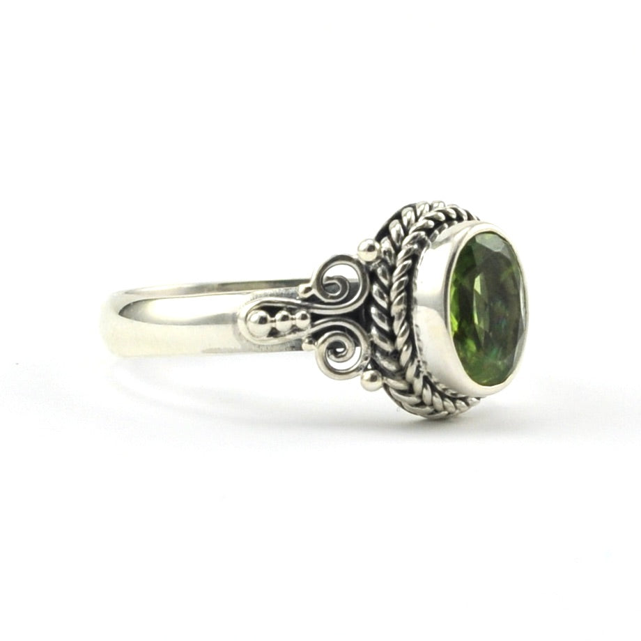 Side View Sterling Silver Peridot 6x8mm Oval Bali Ring 