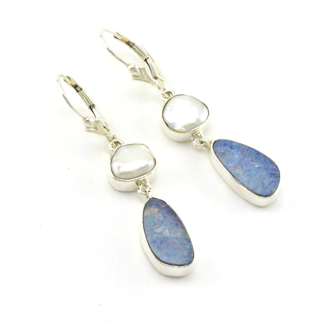 Sterling Silver Keshi Pearl Australian Opal Earrings