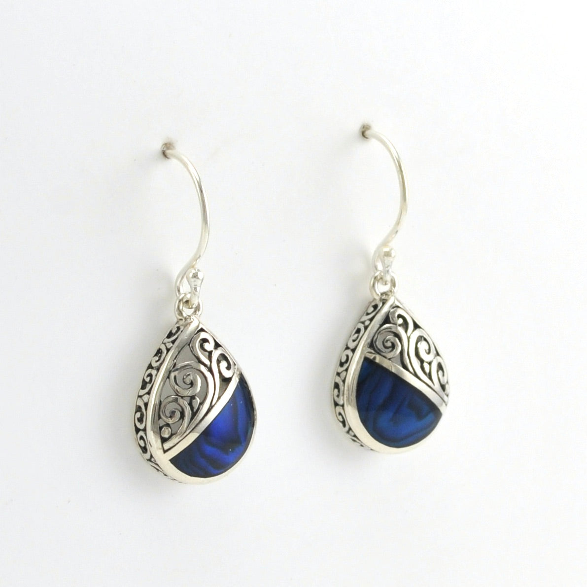 Side View Sterling Silver Blue Abalone Bali Earrings